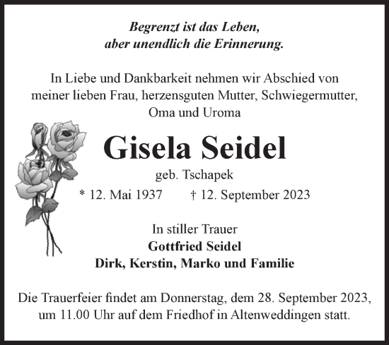 Traueranzeige von Gisela Seidel von Volksstimme Schönebeck