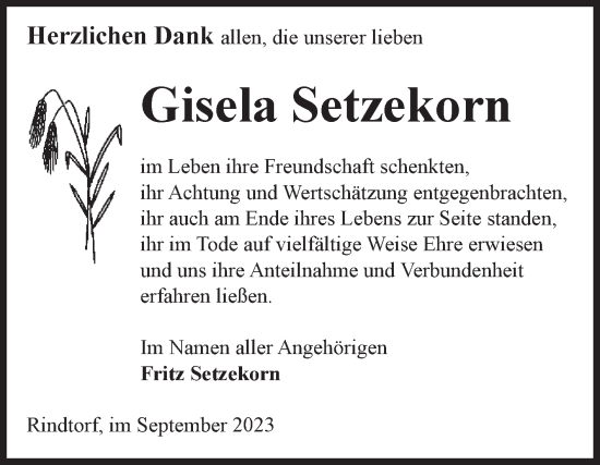 Traueranzeige von Gisela Setzekorn von Volksstimme Altmark Ost