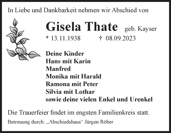 Traueranzeige von Gisela Thate von Volksstimme Magdeburg