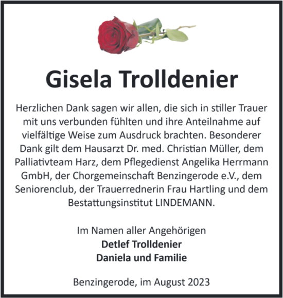 Traueranzeige von Gisela Trolldenier von Volksstimme Wernigerode