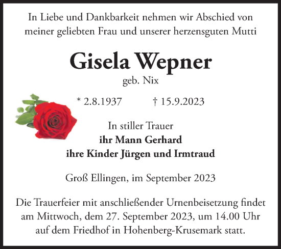 Traueranzeige von Gisela Wepner von Volksstimme Altmark Ost