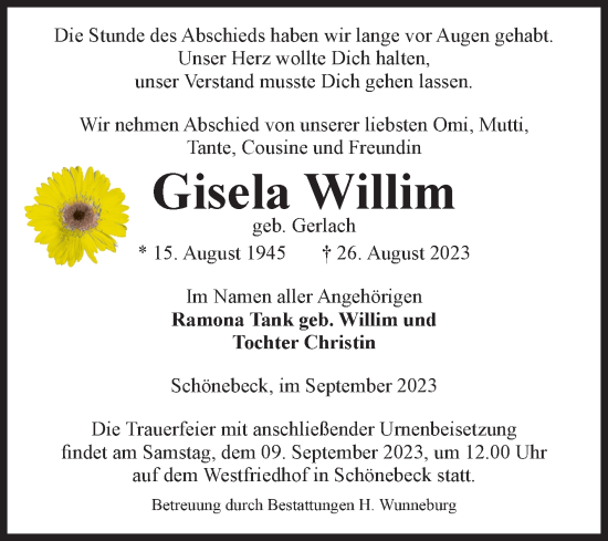 Traueranzeige von Gisela Willim von Volksstimme Schönebeck