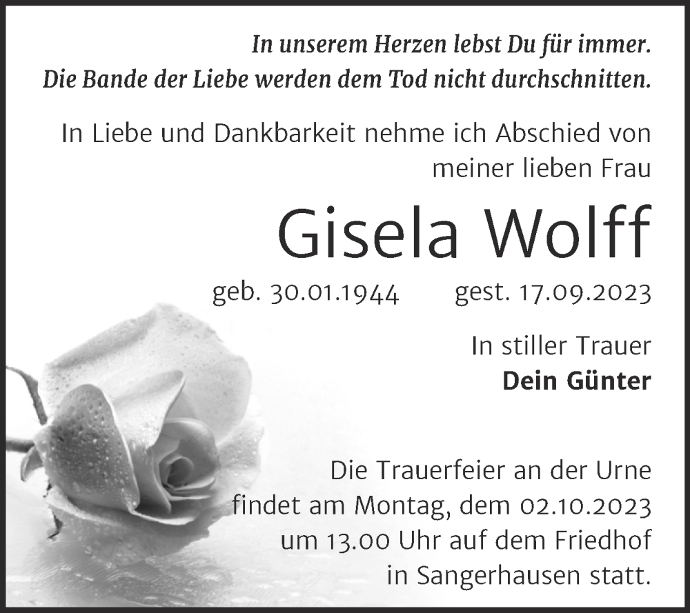  Traueranzeige für Gisela Wolff vom 23.09.2023 aus Trauerkombi Sangerhausen