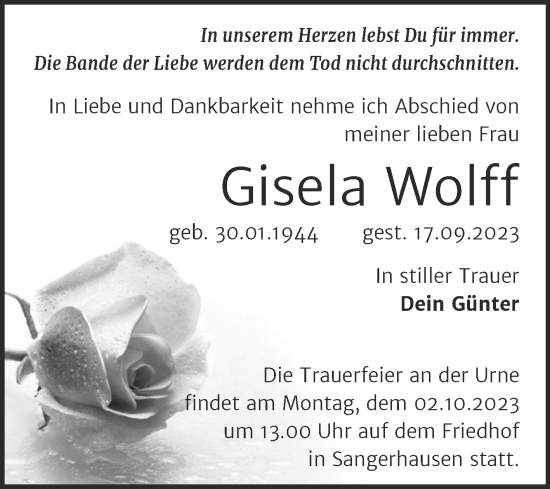 Traueranzeige von Gisela Wolff von Trauerkombi Sangerhausen