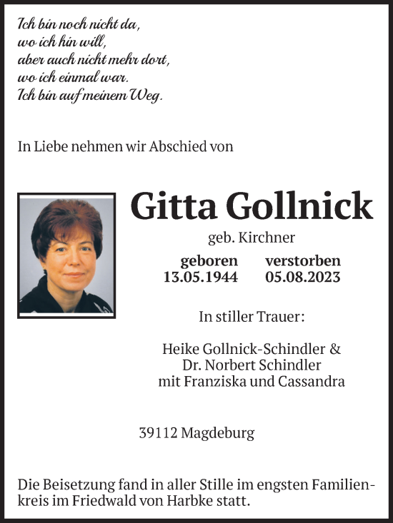 Traueranzeige von Gitta Gollnick von Volksstimme Magdeburg