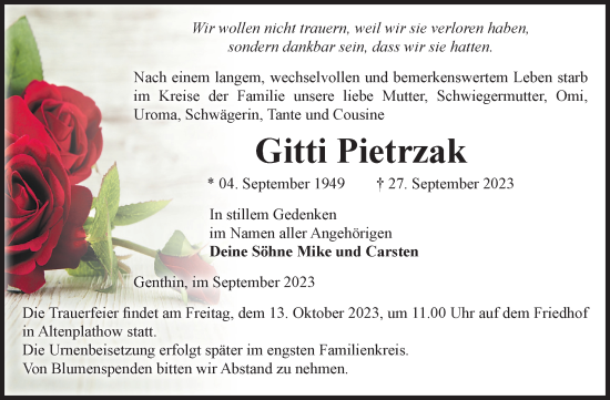 Traueranzeige von Gitti Pietrzak von Volksstimme Burg/Genthin