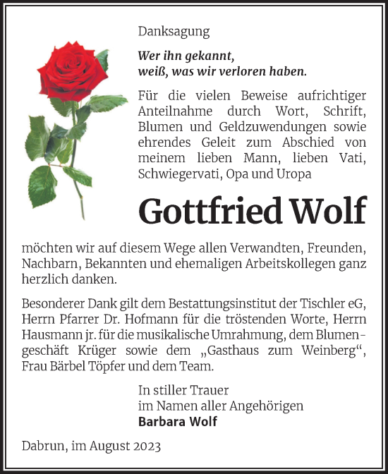 Traueranzeige von Gottfried Wolf von Trauerkombi Wittenberg