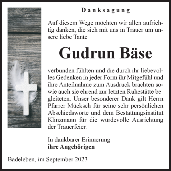 Traueranzeige von Gudrun Bäse von Volksstimme Oschersleben/Wanzleben