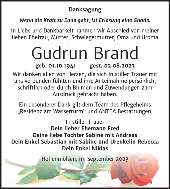 Traueranzeige von Gudrun Brand von Trauerkombi Weißenfels
