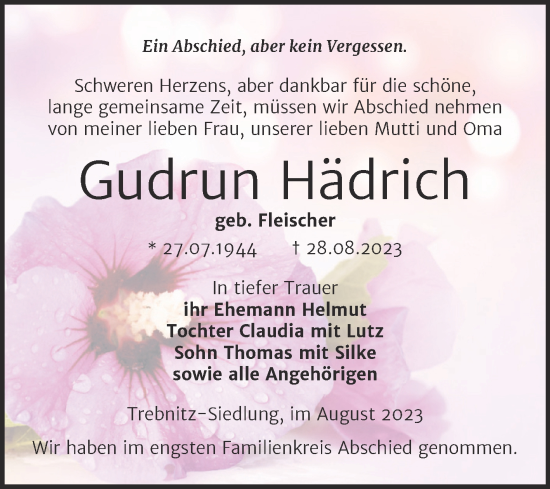 Traueranzeige von Gudrun Hädrich von Trauerkombi Weißenfels