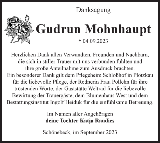 Traueranzeige von Gudrun Mohnhaupt von Volksstimme Schönebeck