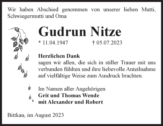 Traueranzeige von Gudrun Nitze von Volksstimme Altmark Ost