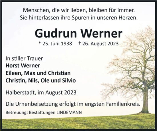 Traueranzeige von Gudrun Werner von Volksstimme Halberstadt
