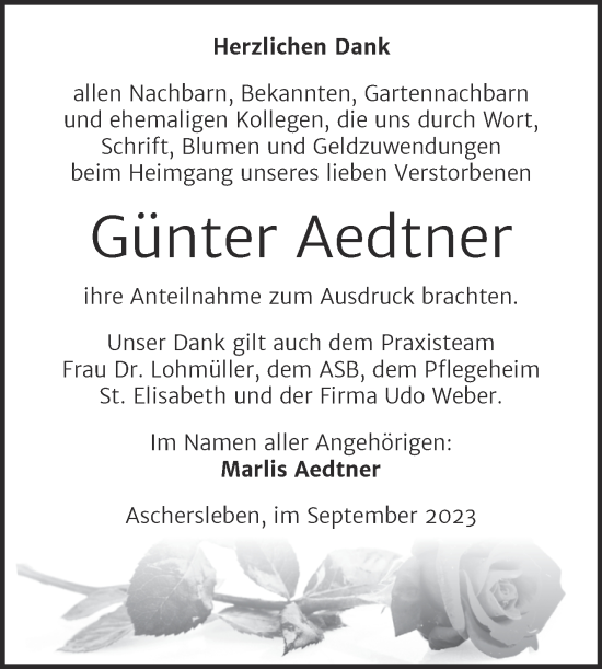 Traueranzeige von Günter Aedtner von Trauerkombi Aschersleben