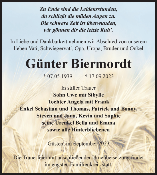 Traueranzeige von Günter Biermordt von Volksstimme Staßfurt