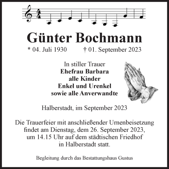 Traueranzeige von Günter Bochmann von Volksstimme Halberstadt