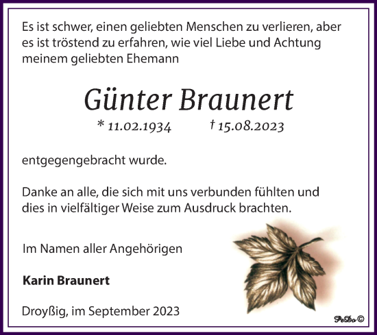 Traueranzeige von Günter Braunert von Trauerkombi Zeitz