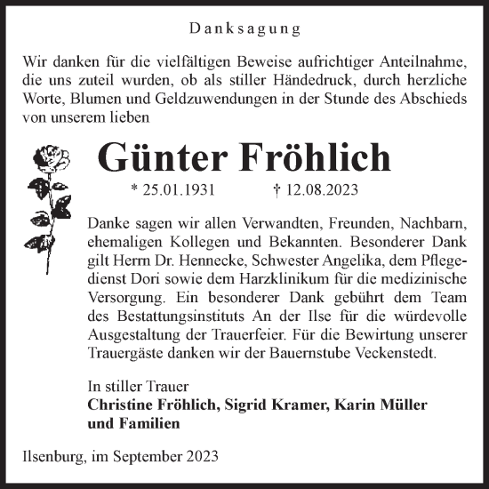 Traueranzeige von Günter Fröhlich von Volksstimme Wernigerode