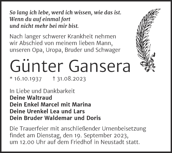 Traueranzeige von Günter Gansera von Mitteldeutsche Zeitung Halle/Saalkreis