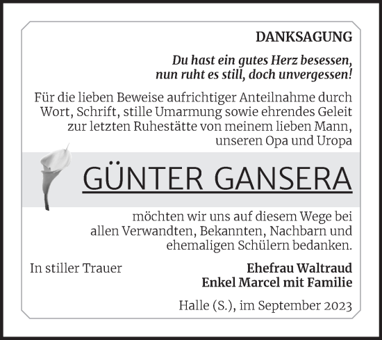 Traueranzeige von Günter Gansera von Mitteldeutsche Zeitung Halle/Saalkreis