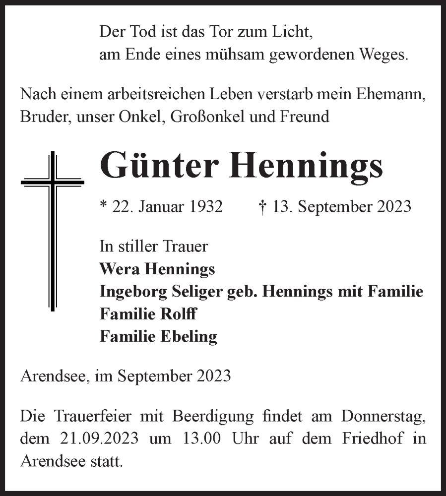  Traueranzeige für Günter Hennings vom 16.09.2023 aus Volksstimme Altmark West