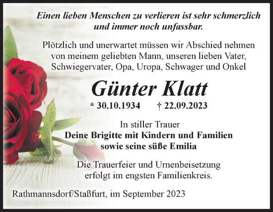 Traueranzeige von Günter Klatt von Volksstimme Staßfurt