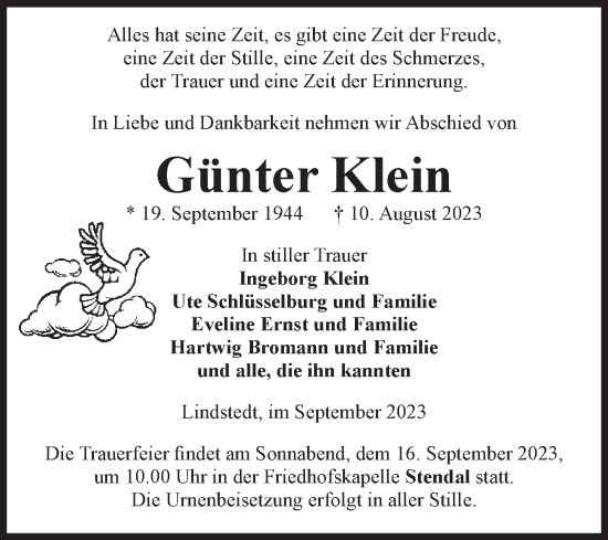 Traueranzeige von Günter Klein von Volksstimme Altmark Ost