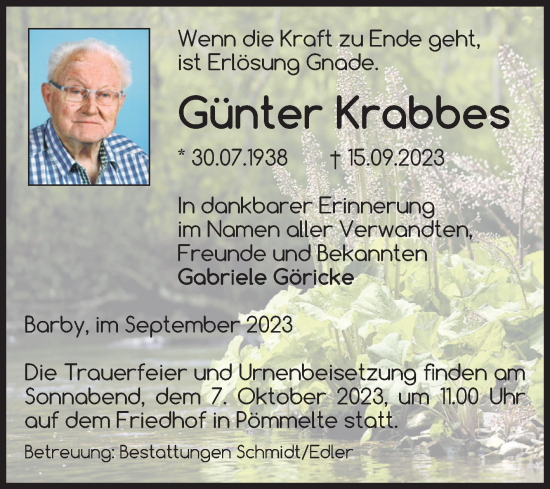 Traueranzeige von Günter Krabbes von Volksstimme Schönebeck