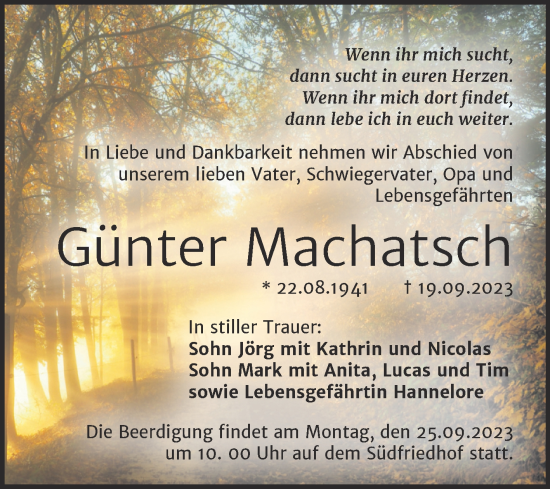 Traueranzeige von Günter Machatsch von Mitteldeutsche Zeitung Halle/Saalkreis