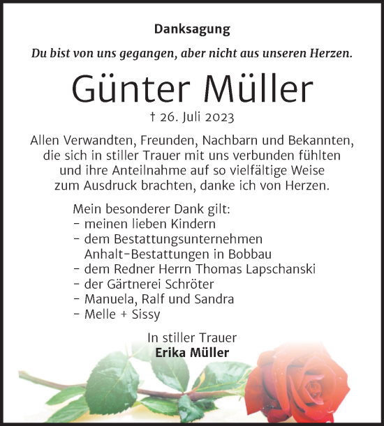 Traueranzeige von Günter Müller von Trauerkombi Bitterfeld
