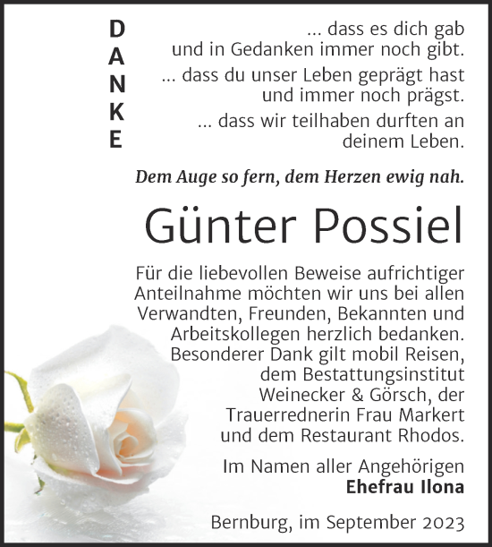 Traueranzeige von Günter Possiel von Trauerkombi Bernburg