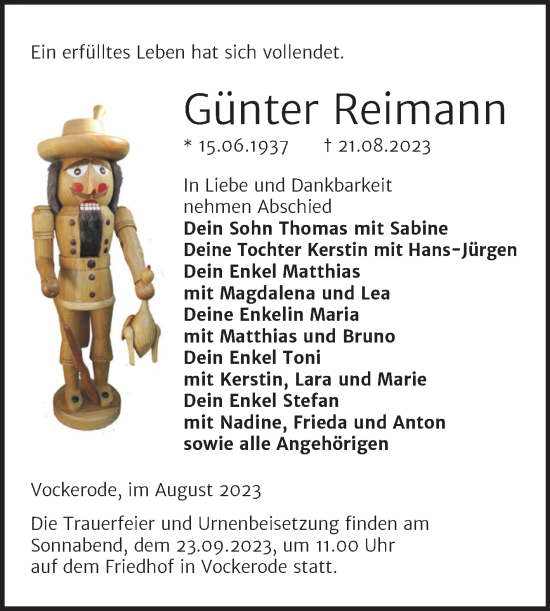 Traueranzeige von Günter Reimann von Trauerkombi Wittenberg