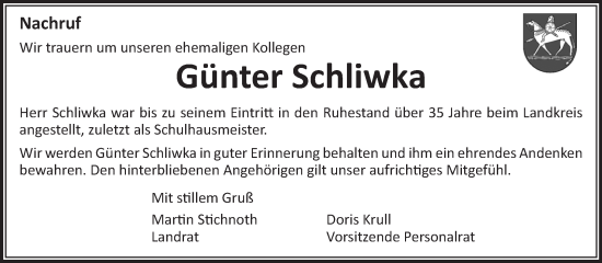 Traueranzeige von Günter Schliwka von Volksstimme Haldensleben/Wolmirstedt