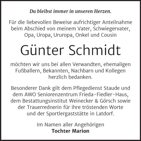 Traueranzeige von Günter Schmidt von Trauerkombi Bernburg