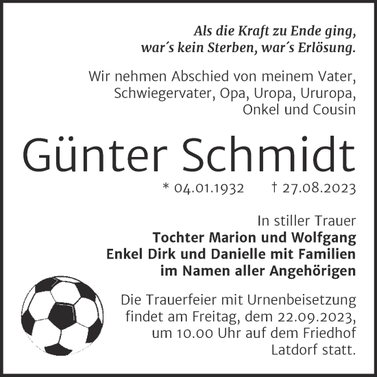 Traueranzeige von Günter Schmidt von Trauerkombi Bernburg