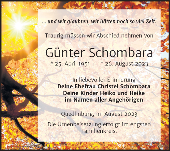 Traueranzeige von Günter Schombara von Trauerkombi Quedlinburg