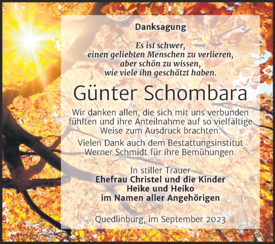 Traueranzeige von Günter Schombara von Trauerkombi Quedlinburg