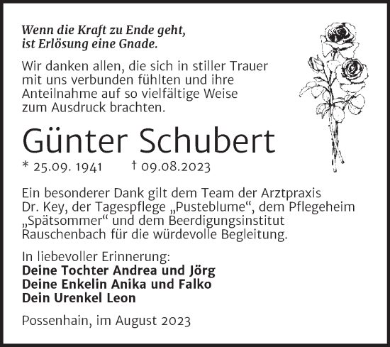 Traueranzeige von Günter Schubert von Wochenspiegel Naumburg/Nebra