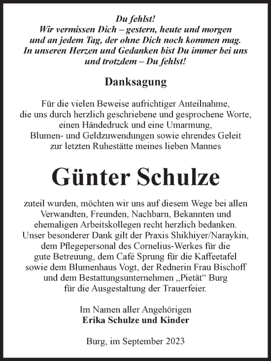Traueranzeige von Günter Schulze von Volksstimme Burg/Genthin