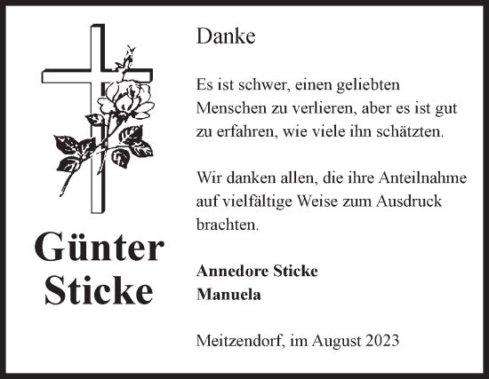 Traueranzeige von Günter Sticke von Volksstimme Haldensleben/Wolmirstedt