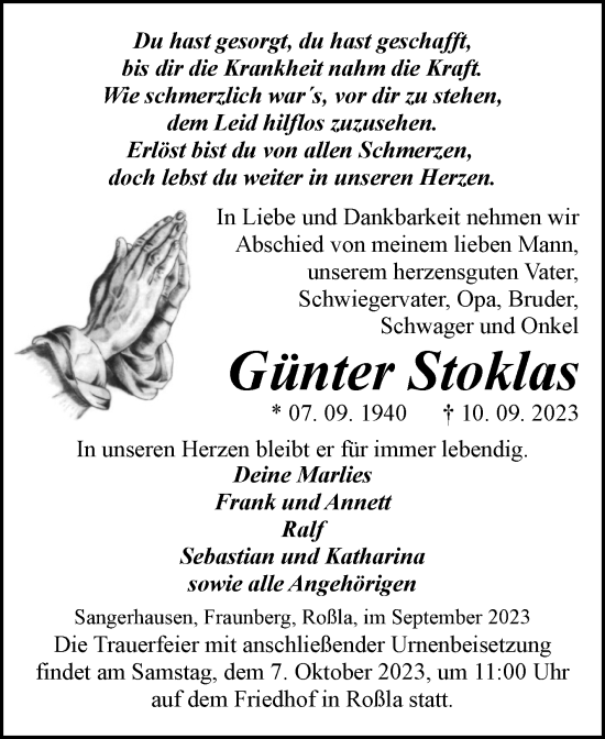 Traueranzeige von Günter Stoklas von Trauerkombi Sangerhausen