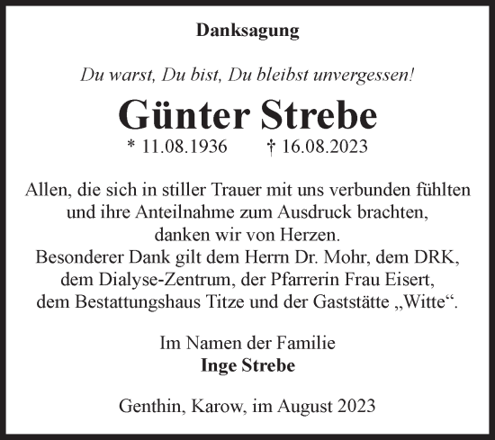 Traueranzeige von Günter Strebe von Volksstimme Burg/Genthin