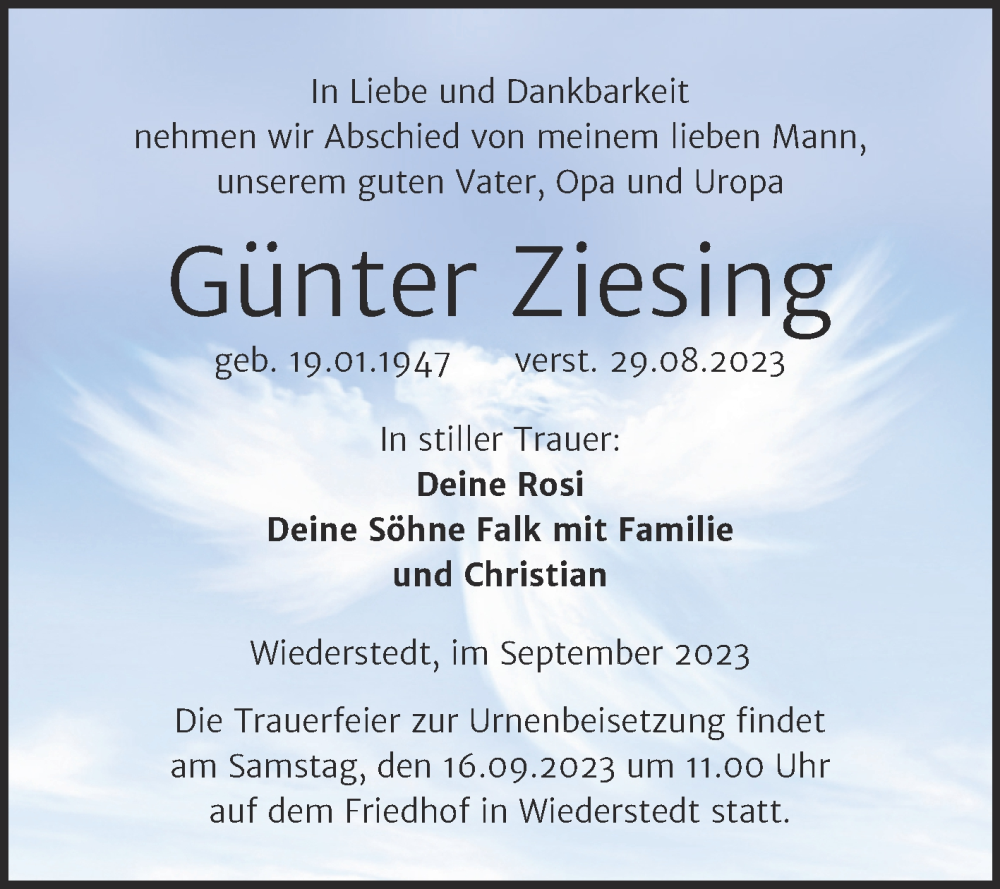  Traueranzeige für Günter Ziesing vom 01.09.2023 aus Trauerkombi Mansfelder Land