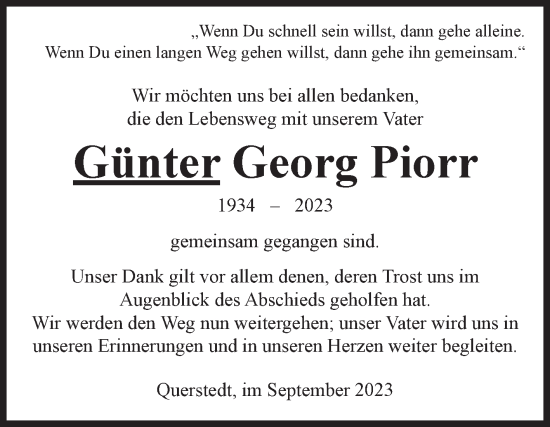 Traueranzeige von Günter Georg Piorr von Volksstimme Altmark Ost