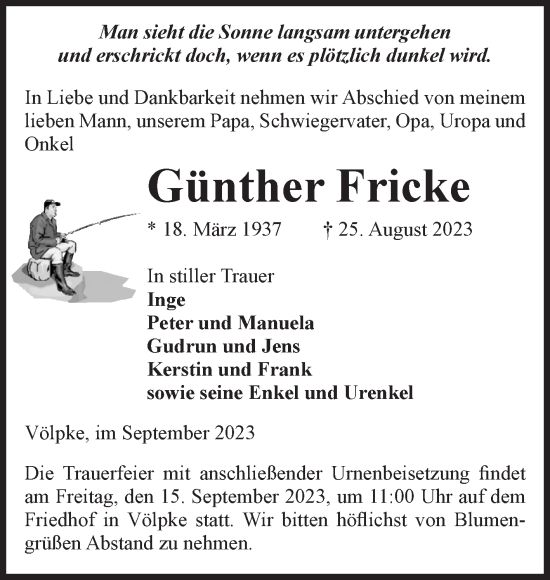 Traueranzeige von Günther Fricke von Volksstimme Oschersleben/Wanzleben
