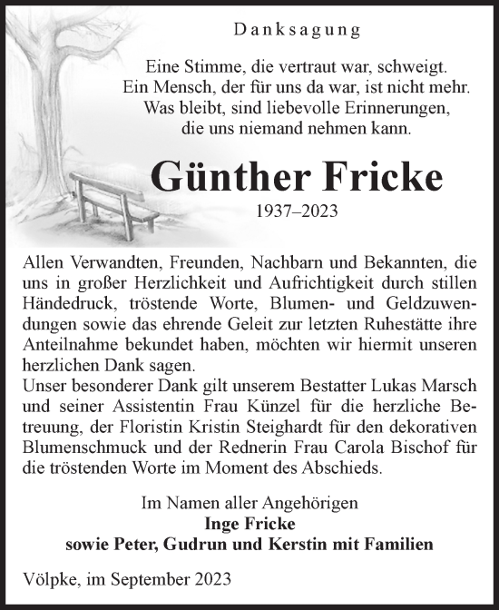 Traueranzeige von Günther Fricke von Volksstimme Oschersleben/Wanzleben