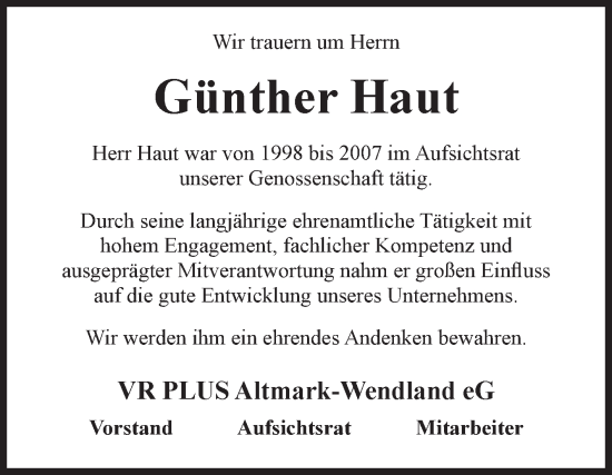 Traueranzeige von Günther Haut 