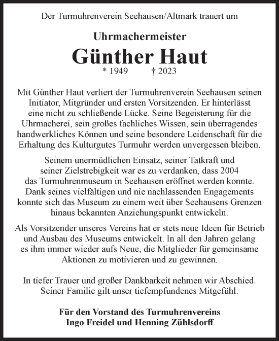 Traueranzeige von Günther Haut von Volksstimme Altmark Ost