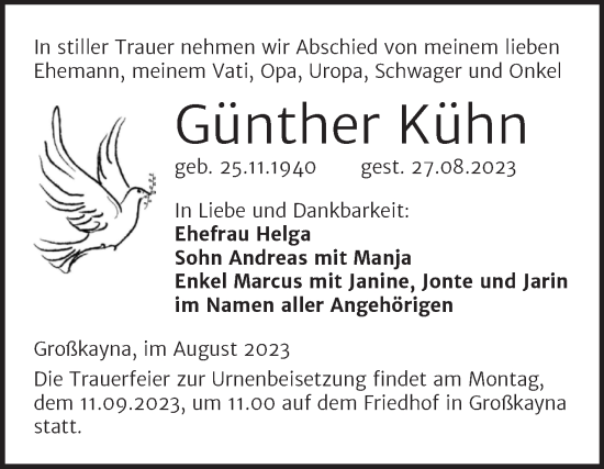 Traueranzeige von Günther Kühn von Trauerkombi Merseburg