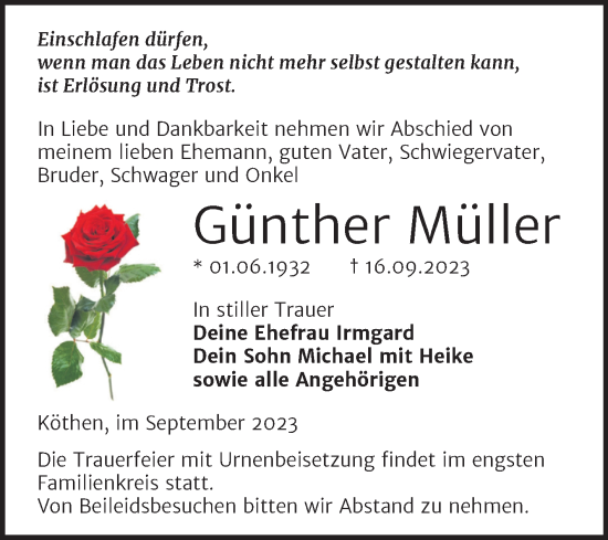 Traueranzeige von Günther Müller von Trauerkombi Köthen
